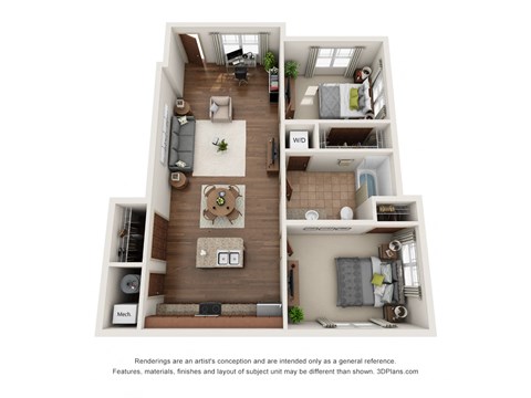 Floor plan for 2 beds, 1 bath, 853 sqft